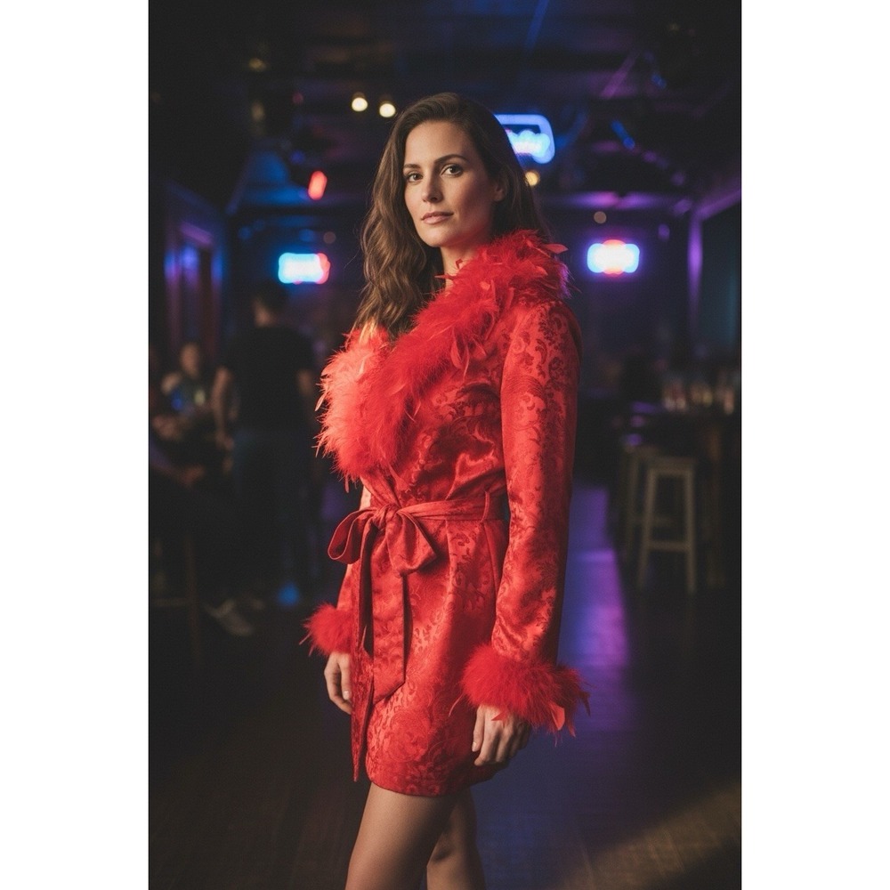 New Dolls Kill Sugar Thrillz Spicy Crushes Brocade Coat Red Feather Trim‎ Dancer - Picture 2 of 16